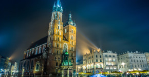 Krakow old city at night St. Mary's Church at night. Krakow Poland.