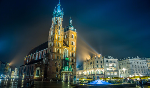 Krakow old city at night St. Mary's Church at night. Krakow Poland.