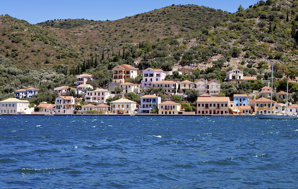 Traditional houses at Vathi bay of Ithaki island in Greece